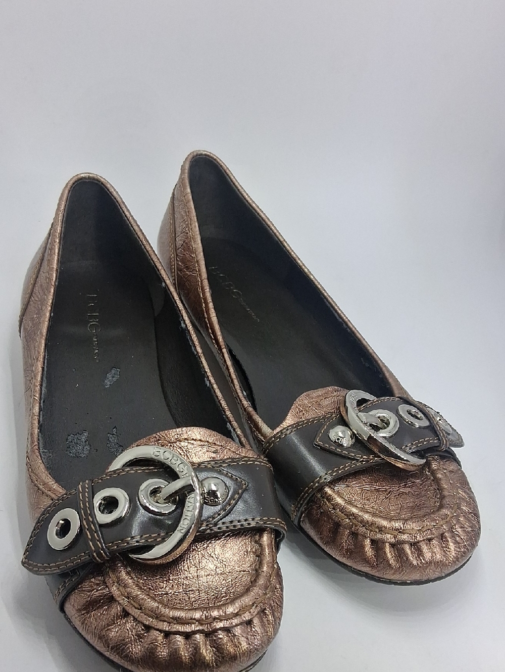 BCBGeneration Metallic Bronze Slip-On Loafers with Buckle Detail